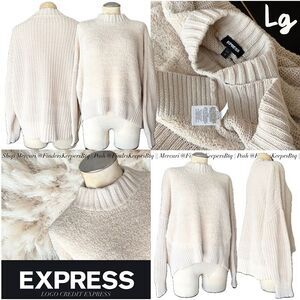 EXPEESS Cream Boxy Mock Neck Mixed Media Fuzzy Chenille Front Rib Knit Sweater L